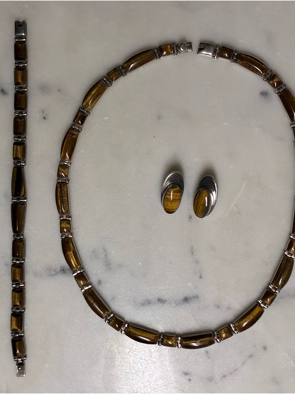 TAXCO 950 Silver Tiger Eye Necklace, Bracelet & Earring Set